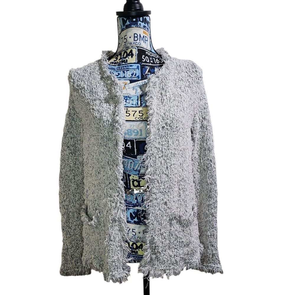 ett:twa by Anthropologie Fringe Boucle Open Cardigan Jacket Medium - Picture 2 of 7